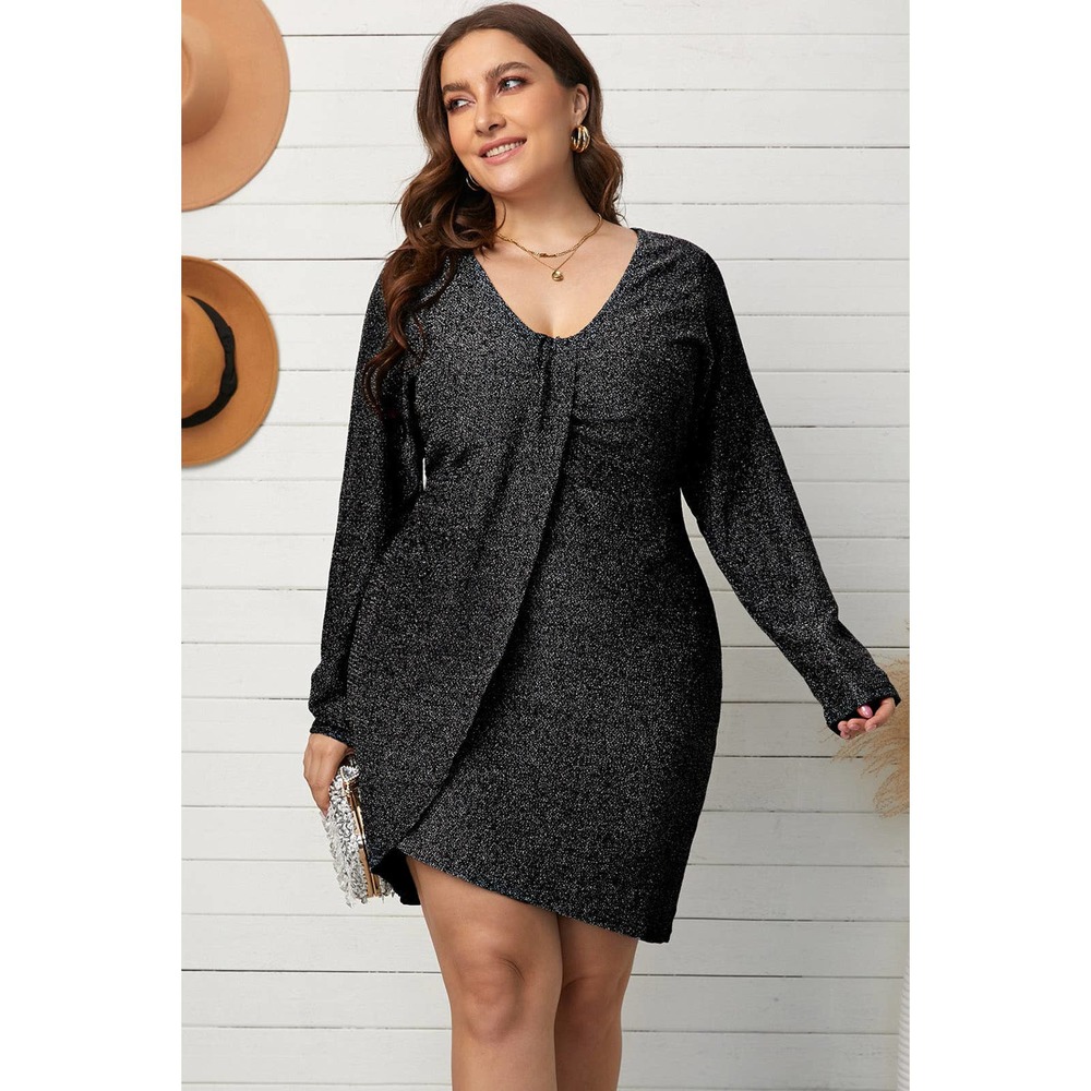 Plus Size Glitter V-Neck Long Sleeve Dress